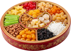 Khay mứt Tết, khay tròn, màu đỏ, hoa văn vàng, mứt trái cây, hạt hướng dương, đậu phộng, mứt dừa, mứt gừng, tết cổ truyền, tet jam tray, round tray, red, gold pattern