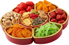 Khay mứt Tết, hình bông hoa, màu đỏ, mứt trái cây, hạt dẻ cười, hạt hướng dương, mứt gừng, mứt vỏ bưởi, sang trọng, tet jam tray, flower shape, red, fruit jam, pistachios