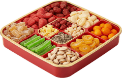 Khay mứt Tết, khay vuông, màu đỏ, mứt trái cây, hạt hướng dương, hạt dẻ cười, mứt táo, mứt bí, tết cổ truyền, tet jam tray, square tray, red, fruit jam, sunflower seeds