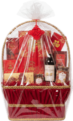 Giỏ quà tết đỏ, rượu vang, hộp quà, nút thắt đồng tâm, màng co, giỏ mây, quà tặng cao cấp, red tet gift basket, wine, gift boxes, chinese knot, shrink wrap, wicker basket, premium gift