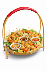 Cá viên chiên, xiên bẩn, mẹt bánh, gánh bánh, ăn vặt, ăn nhanh, basket of cakes, carrying basket of cakes, snacks, fast food