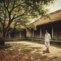 Prompt: A cinematic wide shot of a traditional Northern Vietnamese ancient house...