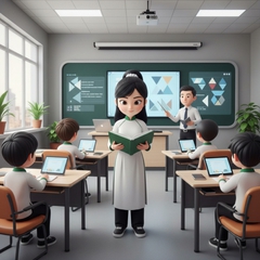 một bạn học sinh nữ mặc đồng phục cầm 1 quyển sách đứng...