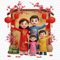 Một gia đình mặc áo dài truyền thống tươi cười trước không...