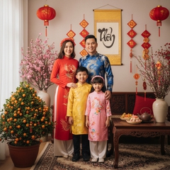 Một gia đình mặc áo dài truyền thống tươi cười trước không...