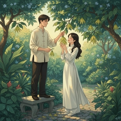 Prompt: A romantic and poetic scene of a young Vietnamese couple in the 1940s. The...
