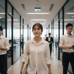 A young Asian woman with a gentle and intelligent appearance, soft round face,...