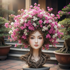 Tạo một bức ảnh Bonsai bông giấy như mái tóc của một cô gái và...