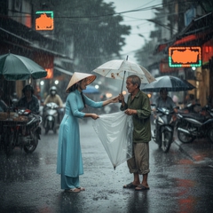 ảnh hai người châu á giúp đỡ tặng nhau áo mưa khi đang đi ngoài...