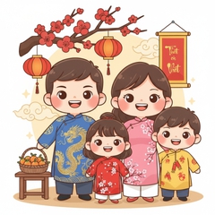 Một gia đình mặc áo dài truyền thống tươi cười trước không...