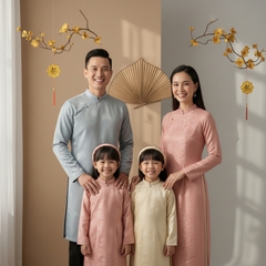 Một gia đình mặc áo dài truyền thống tươi cười trước không...