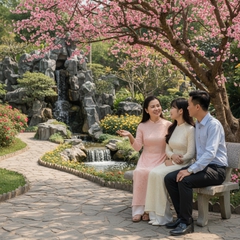 Trong hoa viên đẹp bên hòn giả Sơn , dòng suối ,mẹ, con gái  và...