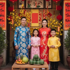 Một gia đình mặc áo dài truyền thống tươi cười trước không...
