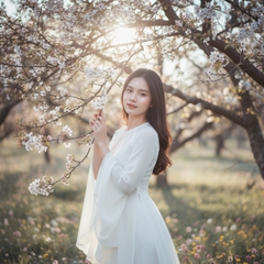 Chân dung một cô gái mặc váy trắng, đứng nép dưới tán cây và...