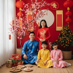 Một gia đình mặc áo dài truyền thống tươi cười trước không...