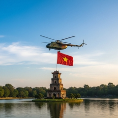 tạo ảnh máy bay trực thăng treo cờ bay ngang trên tháp rùa ....