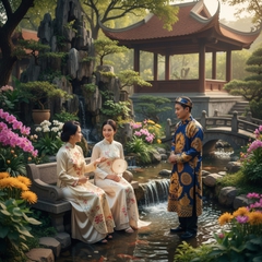 Theo phong cách cung đình xưa..Trong hoa viên đẹp bên hòn giả Sơn ,...