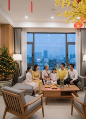 hãy tạo cho tôi một bức ảnh có bối cảnh tết, cả nhà quây...