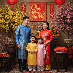 Một gia đình mặc áo dài truyền thống tươi cười trước không...