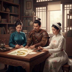 2 nữ,1 nam  kiếm hiệp vào thư phòng, ngồi vào bàn viết lá thư vẽ...