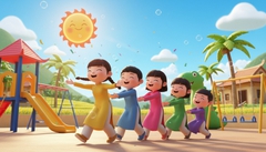Nhóm năm sáu bạn nhỏ túm áo nhau thành rồng rắn, sân chơi ngoài...