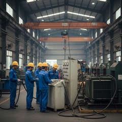 Ảnh công nhân làm trong xưởng vận hành thiết bị điện . Với...