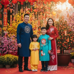 Một gia đình mặc áo dài truyền thống tươi cười trước không...