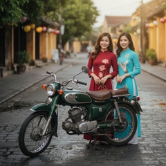 tạo 2 cô gai ăn mặc chuyền thông bên chiếc xe honda67 cùng với...