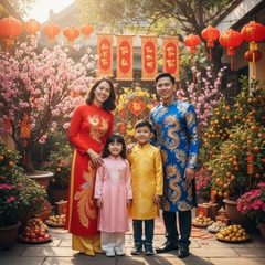 Một gia đình mặc áo dài truyền thống tươi cười trước không...