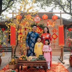 Một gia đình mặc áo dài truyền thống tươi cười trước không...