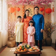 Một gia đình mặc áo dài truyền thống tươi cười trước không...