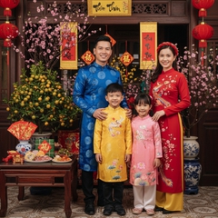Một gia đình mặc áo dài truyền thống tươi cười trước không...