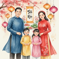 Một gia đình mặc áo dài truyền thống tươi cười trước không...