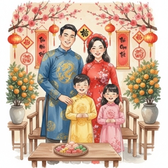 Một gia đình mặc áo dài truyền thống tươi cười trước không...