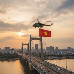 tạo ảnh máy bay trực thăng treo cờ bay ngang trên cầu nhật...