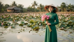 một cô gái mặc trang phục áo dài truyền thống, tay cầm hoa sen...