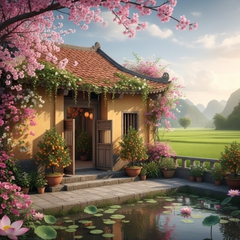 Tạo một hình ảnh xuân có mái nhà . Với đặc điểm phong cách...