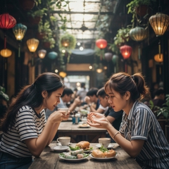 hai người bạn châu á ngồi lắng nghe tâm sự của nhau . Với đặc...