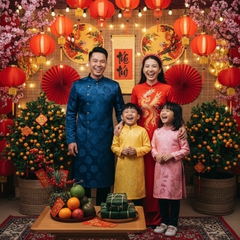 Một gia đình mặc áo dài truyền thống tươi cười trước không...