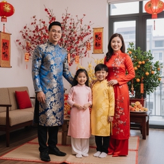 Một gia đình mặc áo dài truyền thống tươi cười trước không...