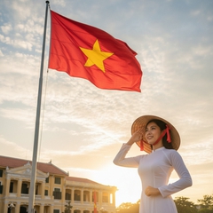 Làm về một người phụ nữ đang chào cờ trước lá cờ Việt Nam...