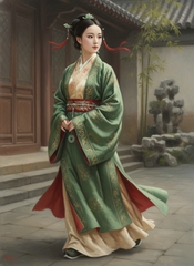 A 14-year-old Qing Dynasty noble girl captured in a graceful mid-motion pose,...