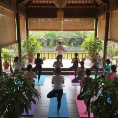 Một nhóm người châu Á tham gia khóa học kỹ năng sống yoga . Với...