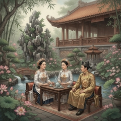 Cảnh xưa phong cách  cung đình..bên bàn trà ,trong hoa viên đẹp có...