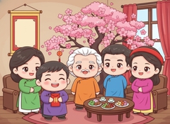 Hình ảnh mô tả một cảnh Tết truyền thống, với một gia đình...