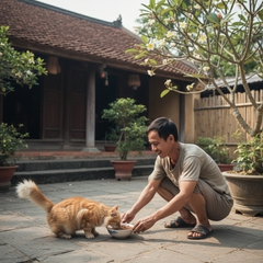 cảnh người đàn ông đang cho con mèo màu cam
 của bạn ăn. . Với...