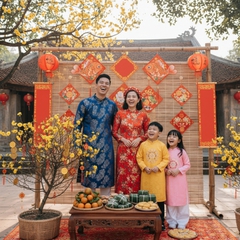 Một gia đình mặc áo dài truyền thống tươi cười trước không...