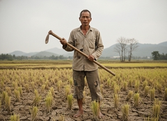 một người nông dân quần áo rách rới đang cầm cuốc đứng trên...