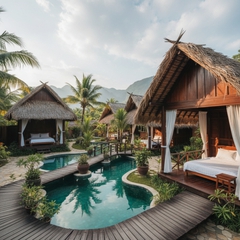 tạo 1 resort mini với bể bơi và căn nhà mái lá với tông màu gỗ ....