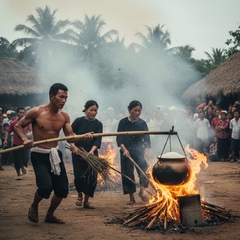 Cảnh thổi cơm đặc trưng, người cầm gậy treo nồi đi trước,...